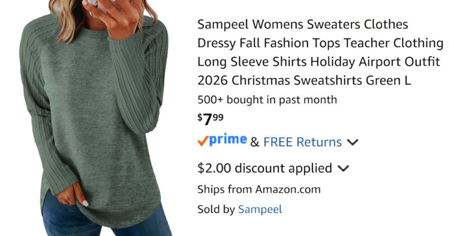 woman in green sweater next to Amazon pricing information