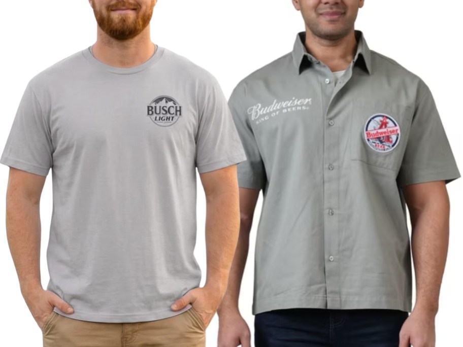 man wearing a graphic tee and man wearing a graphic button up shirt