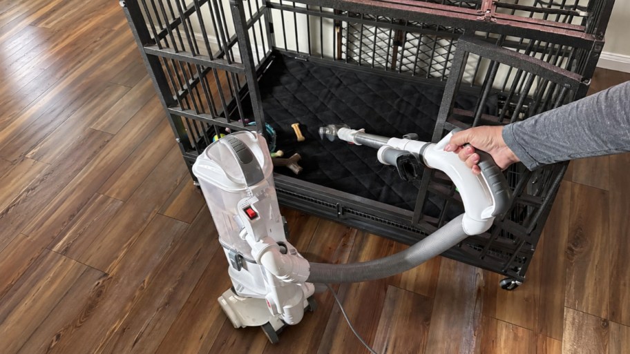 person using shark navigator to vacuum dog kennel