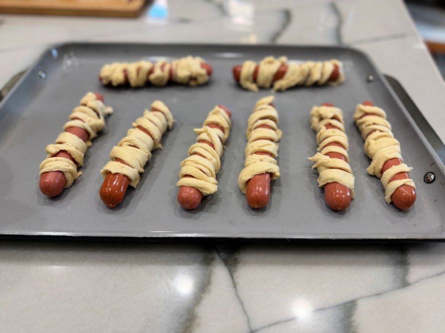 sheet pan with mummy hot dogs using crescent rolls