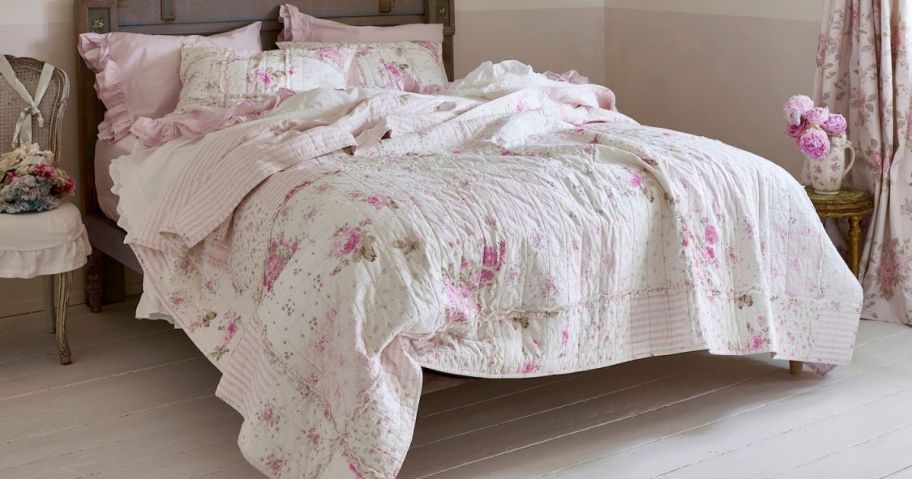 simply shabby chic bedding on bed in bedroom