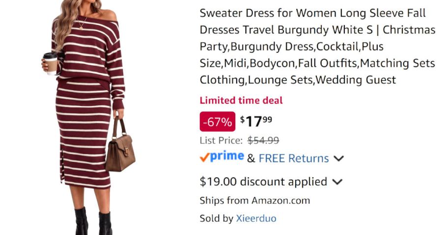 woman wearing striped dress next to Amazon pricing information