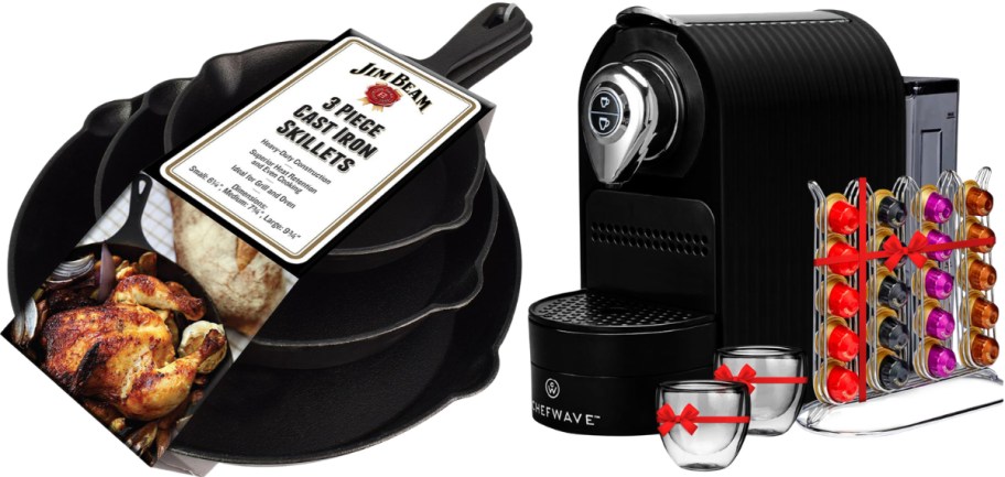 3 piece skillet set and espresso machine