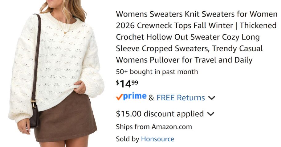 woman wearing white sweater next to Amazon pricing information