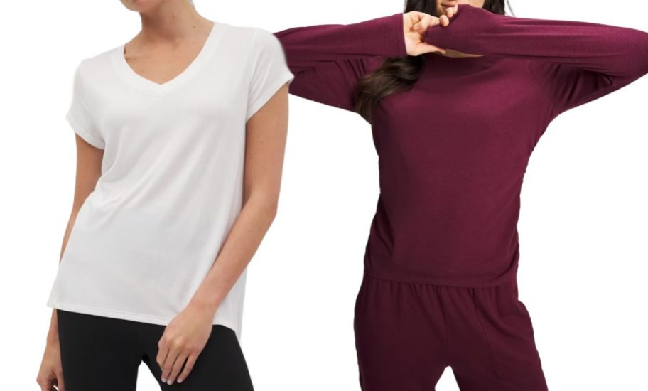 woman wearing white tee and woman wearing wine sweatshirt