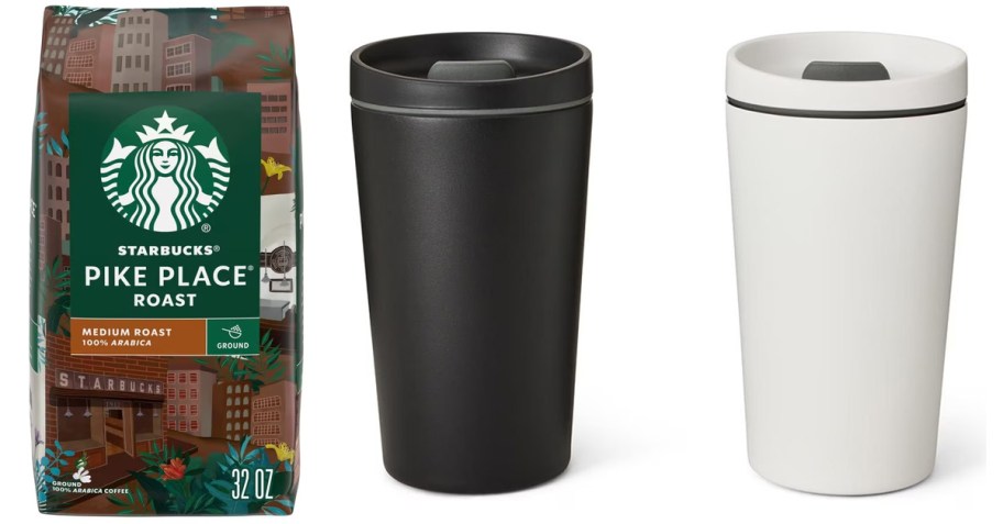 starbucks coffee bag and black and white tumblers