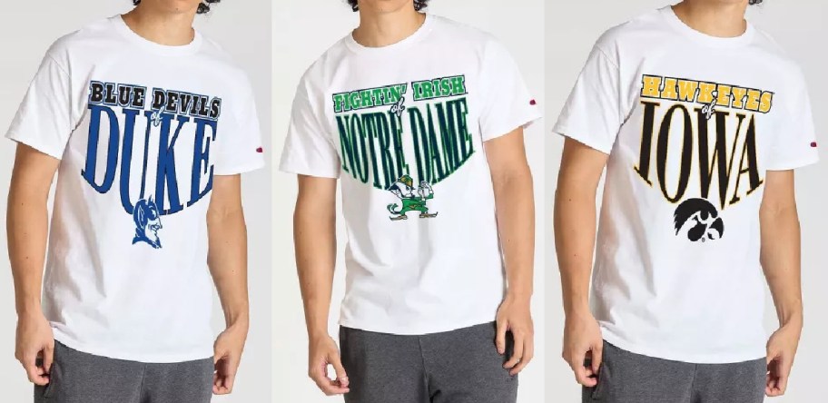 Three white college sports t-shirts featuring team graphics for Duke Blue Devils, Notre Dame Fighting Irish, and Iowa Hawkeyes.