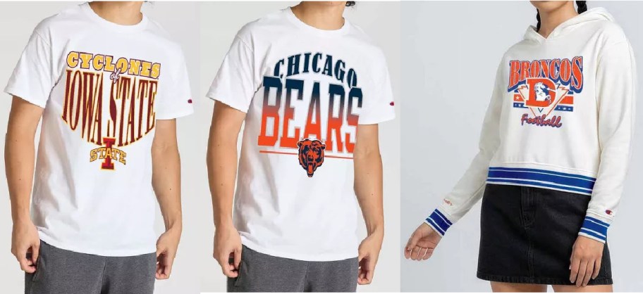 Champion sports apparel items including a white Iowa State Cyclones t-shirt, a white Chicago Bears t-shirt, and a white Denver Broncos hooded sweatshirt worn with a black skirt.