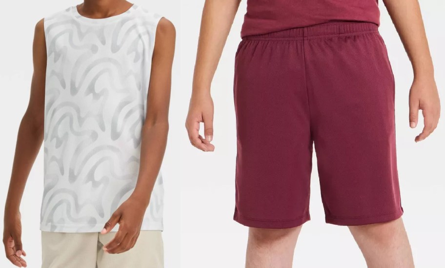Two styles of children's activewear displayed side by side, featuring a white patterned sleeveless tank top on the left and maroon athletic shorts on the right.