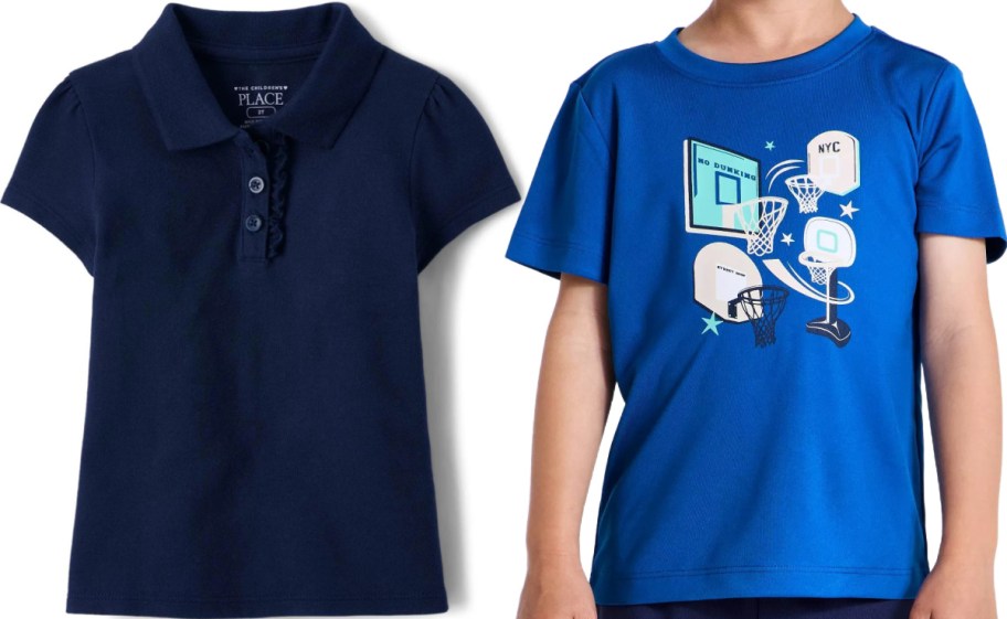 Two styles of children's activewear displayed side by side, featuring a dark blue short-sleeve polo shirt on the left and a blue t-shirt with basketball hoop graphics on the right.