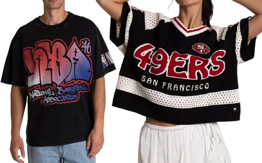Two sports-themed apparel items including a black NBA graphic t-shirt paired with jeans, and a black and white knit San Francisco 49ers short-sleeve jersey top worn with a white skirt.