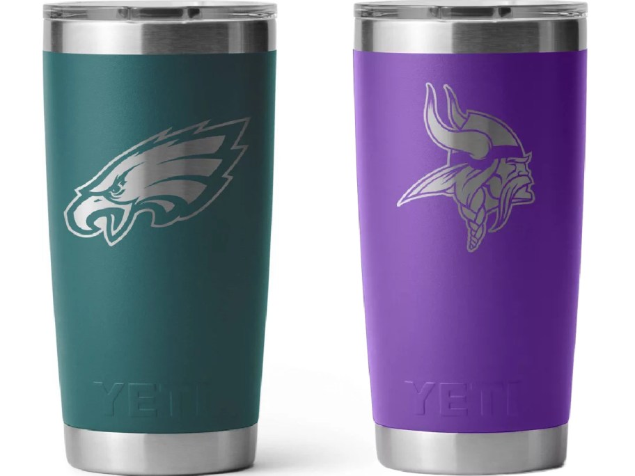 Two Yeti tumblers featuring NFL team logos, including a teal cup with the Philadelphia Eagles logo and a purple cup with the Minnesota Vikings logo.