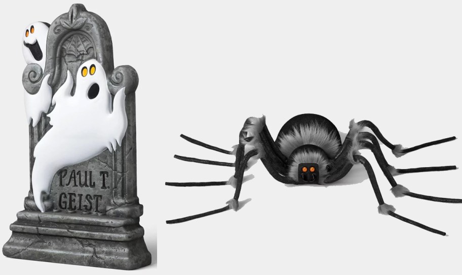 ghost tombstone and spider decor 