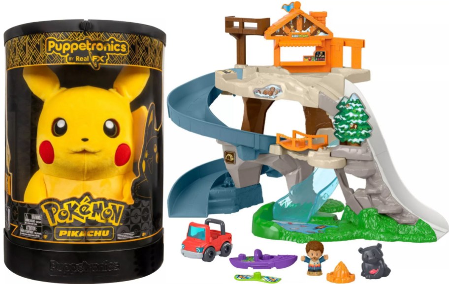 A Pokémon Puppetronics Pikachu plush in its packaging next to a Little People camping playset with a red vehicle, figure, bear, and accessories.