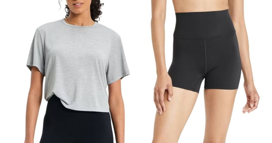 two women wearing target grey top and black shorts