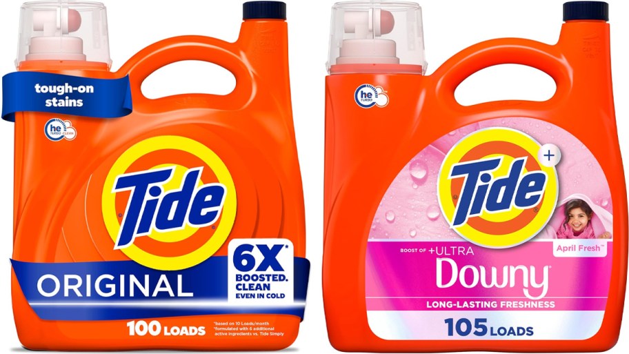 two large bottles of tide detergent 