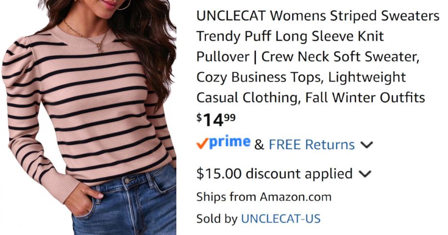woman wearing striped sweater next to Amazon pricing information