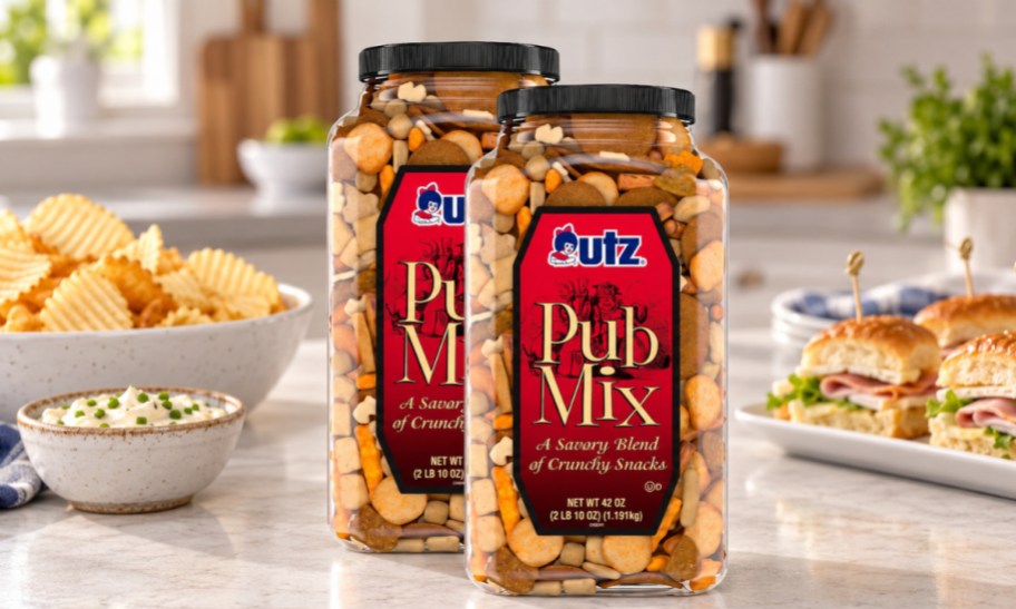 two jars of utz pub mix on a countertop