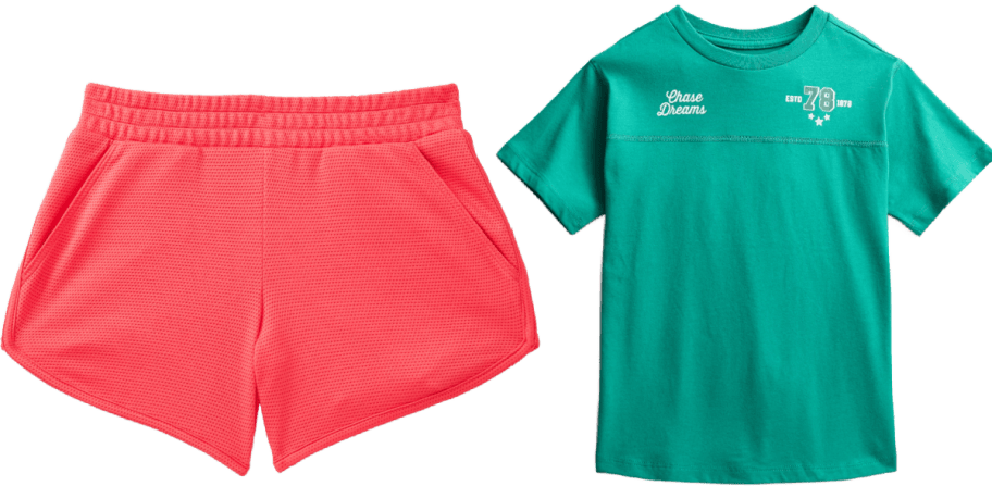 pink shorts and green tee