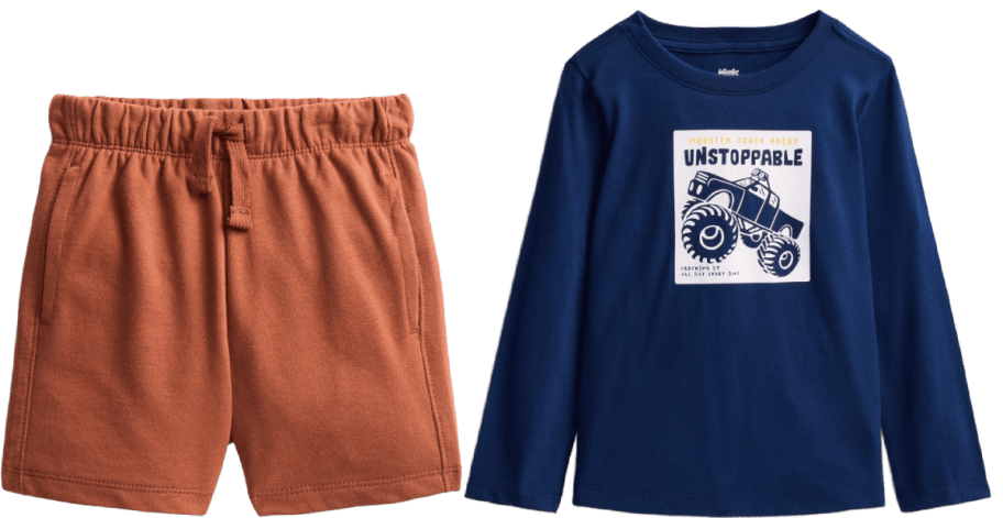 brown shorts and blue shirt