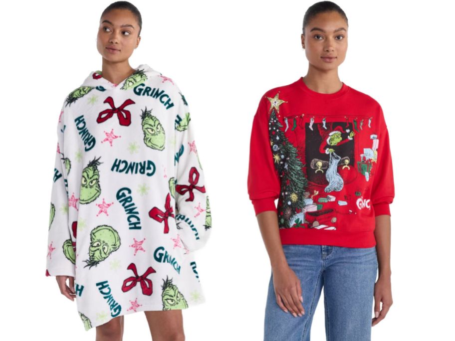 2 women wearing Grinch sweatshirts on a white background