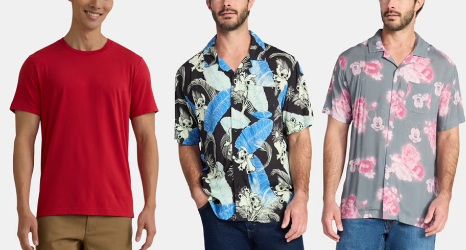 men wearing red, blue and pink tees 