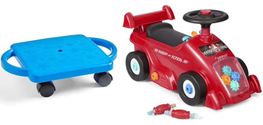 blue scooter board and red race car