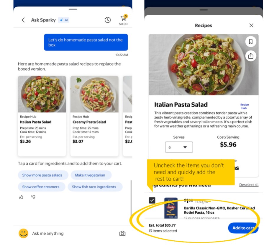 screenshot of recipes on walmart AI tool