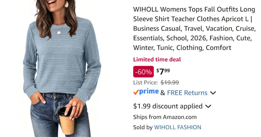 woman wearing blue sweater next to Amazon pricing information