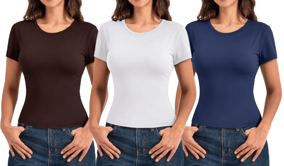 3 women wearing cropped tees