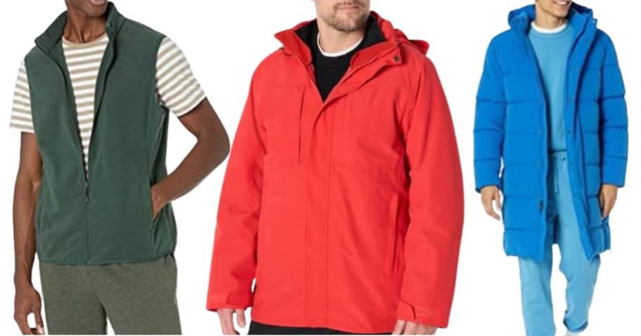 three men wearing jackets