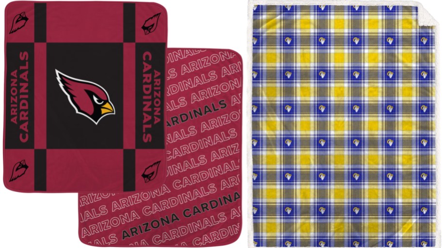 2 nfl team blankets in different graphic styles