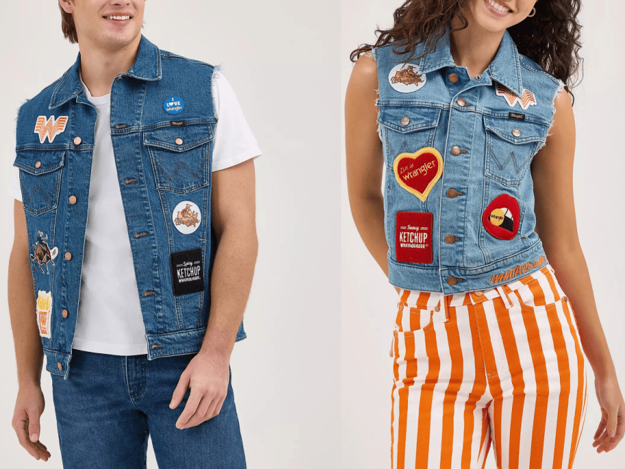 woman and man both wearing denim vests