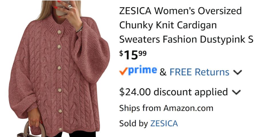 woman wearing cardigan sweater next to Amazon pricing information